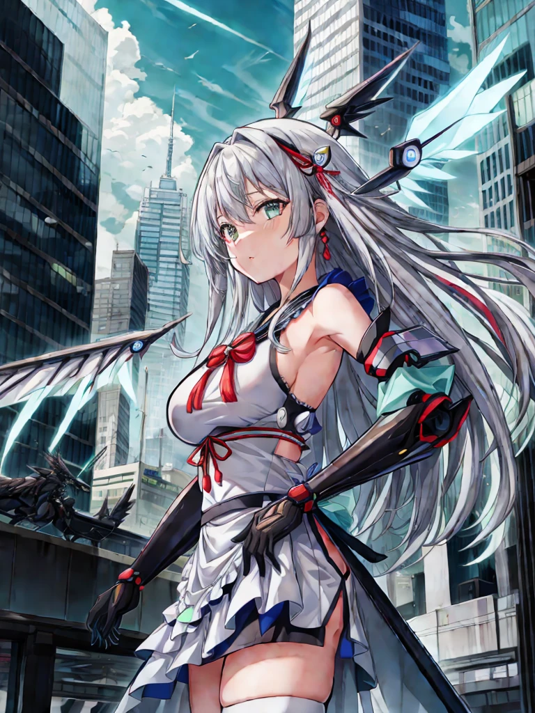 highest quality、very詳細な、masterpiece、super detailed、enlightenment、((1 girl))、silver hair、hair length、floating hair、、cyber city、Neon building、(Upper body:1.05)、very_be familiar with_eye_and_face,cybernetic wings mechanical wings、random posture、Skyscraper、、Mechumusume、shrine maiden costume,Maid clothes、random angle、anime style,cowboy shot