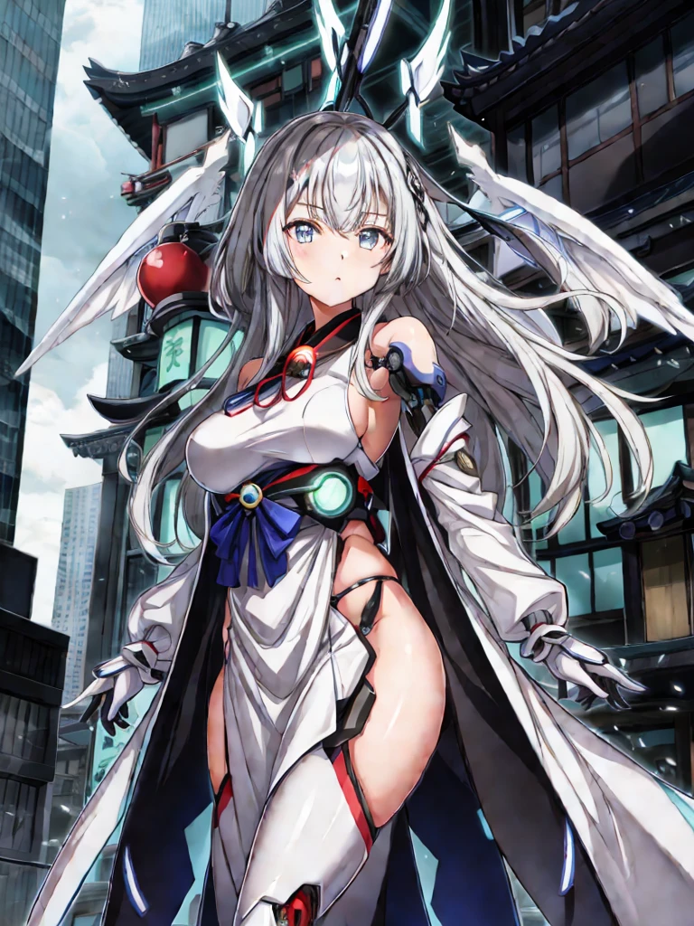 top-quality、ighly detailed、masterpiece、ultra-detailliert、illustratio、((1girl in))、silber hair、length hair、Floating hair、、Cyber City、Neon building、(The upper part of the body:1.05)、extremely_Detailed_Eyes_And_Face, Mechanical wings、Random posture、Skyscraper、、Mechumusume、shrine maiden clothe,maid clothes、Random angles、anime styled,cowboy shot
