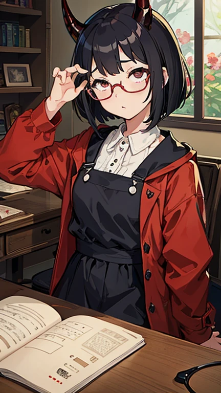 masterpiece,(highest quality),very detailed,超詳細なmasterpiece、anime style illustration、girl、Straight Bob、red raincoat、black hair、demon girl、horn、Glasses、Overall view、It&#39;s kind of naughty