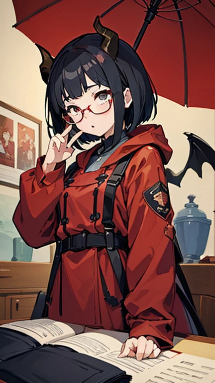 masterpiece,(highest quality),very detailed,超詳細なmasterpiece、anime style illustration、girl、Straight Bob、red raincoat、black hair、demon girl、horn、Glasses、Overall view、It's kind of naughty