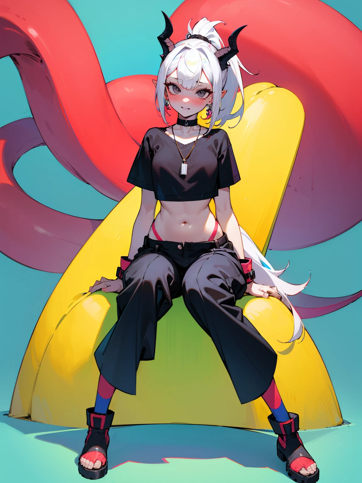 long straight dark White hair, Perfect face, Horns, Choker, earrings, Tall, ((Pubic Hair)), Pale Skin, 1 Girl, High Quality, Necklace, ((Large Monster Tail)), Medium Tits, ((Blushing)), Masterpiece, Mature, Bangs, Ponytail, Vibrant Colors, ((Cargo pants)), Pants, Pretty Eyes, Selfie, Fangs, Teeth, Navel, Black Eyes, ((Mixed Hair Color)), Frosted Hair Tips, Slightly Tanned Skin, Wide Hips, Long Crop Top, Sexy, Cute, Sitting Down, ((Knees Spread Wide)), Feet Crossed, Wide View, Full body, Colorful Background, Vibrant Background, Front View, Legs Spread, Looking to the side, Looking away from Camera,