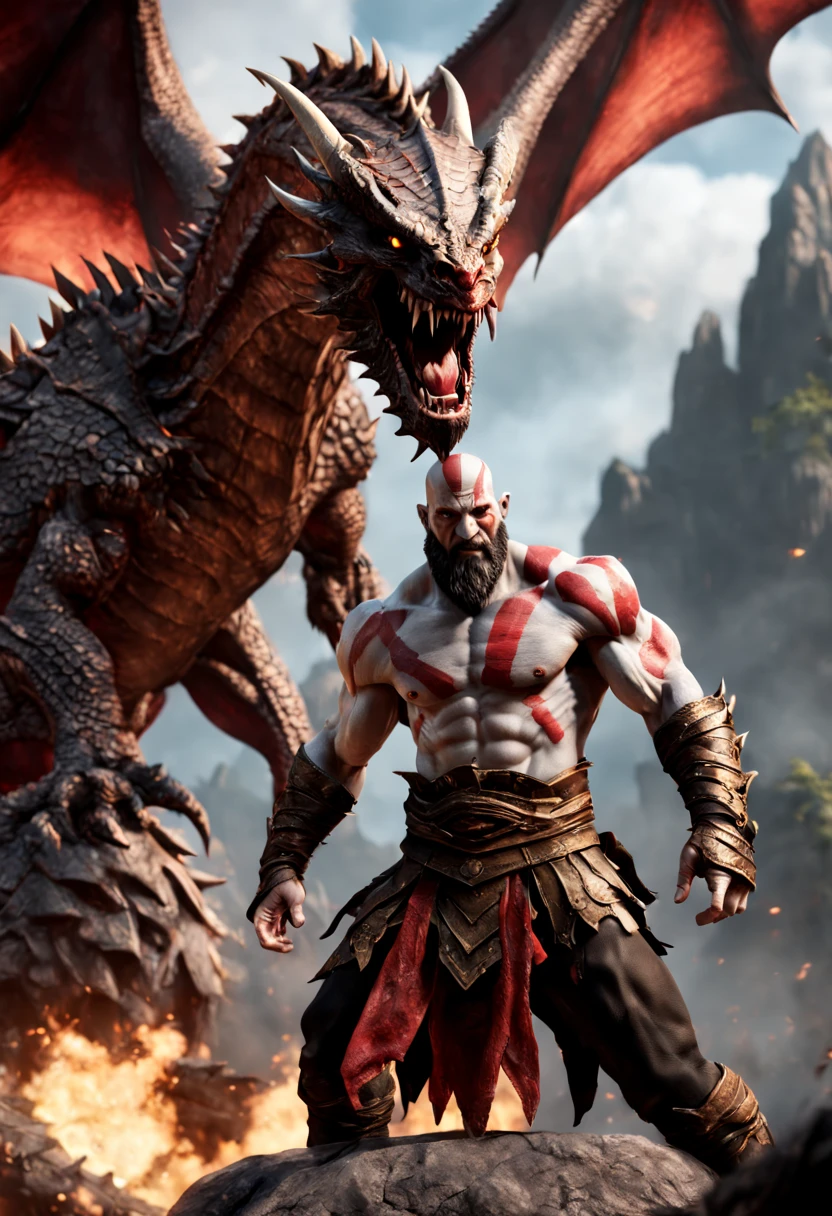 A hyperrealistic Kratos, Standing in front of a giant muscular Dragon Theriantrophy ready to fight it. (BACK ANGLE), ray tracing, Bokeh