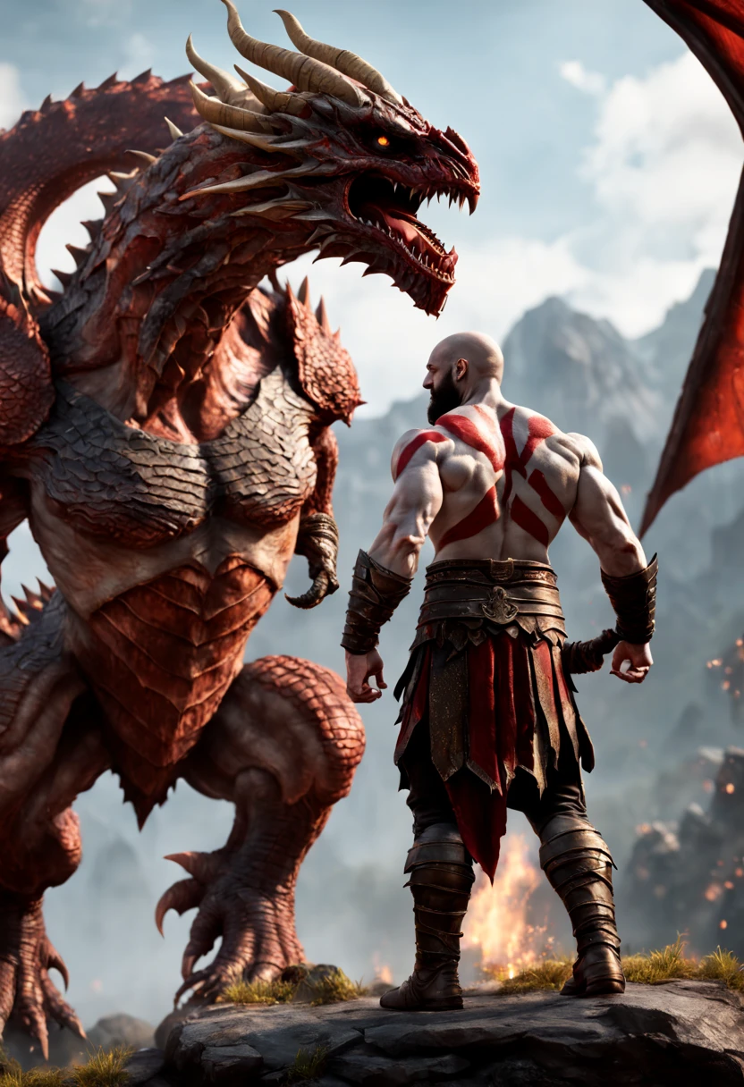 A hyperrealistic Kratos, Standing in front of a giant muscular Dragon Theriantrophy ready to fight it. (BACK ANGLE), ray tracing, Bokeh