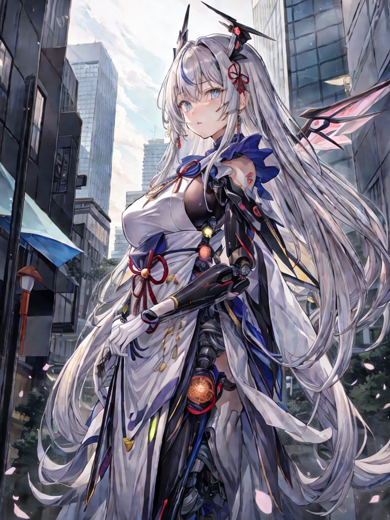 highest quality、very詳細な、masterpiece、super detailed、enlightenment、((1 girl))、silver hair、hair length、floating hair、、cyber city、Neon building、(Upper body:1.05)、very_be familiar with_eye_and_face,cybernetic wings mechanical wings、random posture、Skyscraper、、Mechumusume、shrine maiden costume,Maid clothes、random angle、anime style,cowboy shot