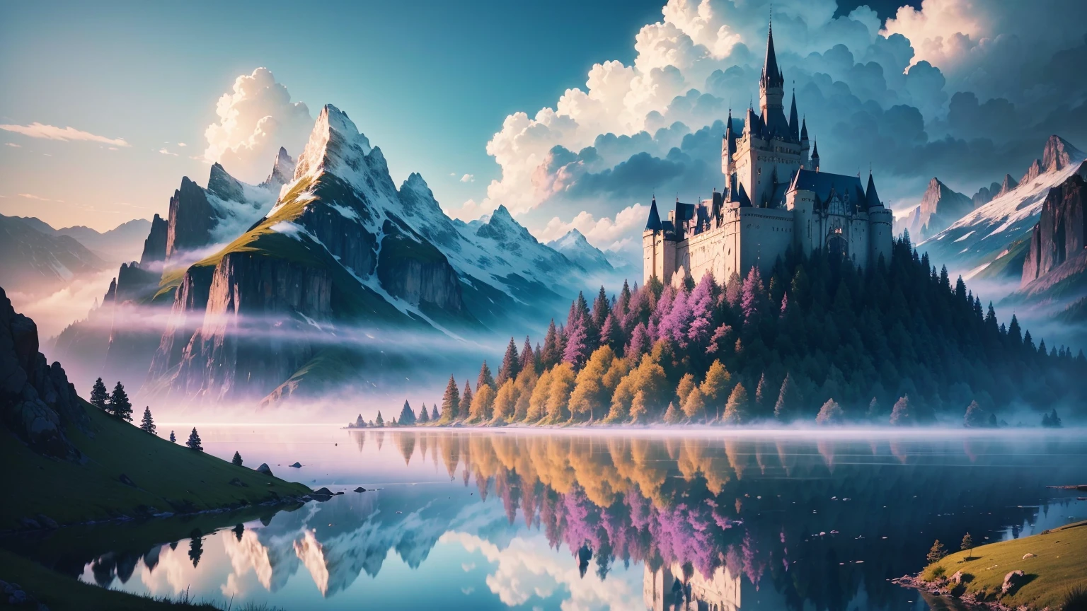 (best quality,4k,8k,highres,masterpiece:1.2),ultra-detailed,(realistic,photorealistic,photo-realistic:1.37),dreamy,ethereal landscape,seamlessly blending dreams and reality,floating islands,wispy clouds,sunlit meadows,hazy morning mist,surreal color palette,vibrant colors,soft pastel tones,painterly brushstrokes,transcendent atmosphere,mind-bending perspective,majestic mountainscapes,serene lakes reflecting the sky,dream-like castles,whimsical creatures inhabiting the scenery,playful beams of sunlight piercing through the clouds,mystical fog enveloping the landscape,melting horizons reflecting the merging of dreams and reality,enchanted forests filled with magic,peaceful and calm ambience,serenity and tranquility,subtle and gentle shades of blue and purple,ethereal lighting,creating an otherworldly feeling,sublime and majestic scenery,warm and inviting atmosphere,infused with a sense of wonder and enchantment,bringing dreams to life on canvas.