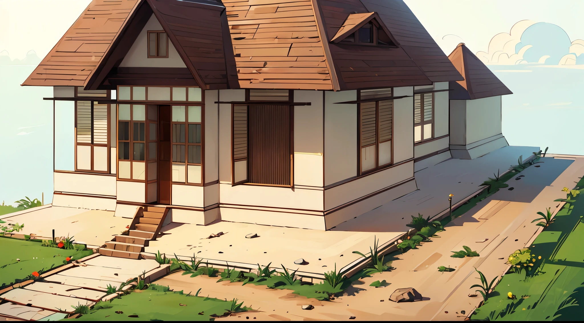 neo classical house, colonial house, white colonial house, brown roof, opened windows, closed windows, dirt ground, day time, masterpiece