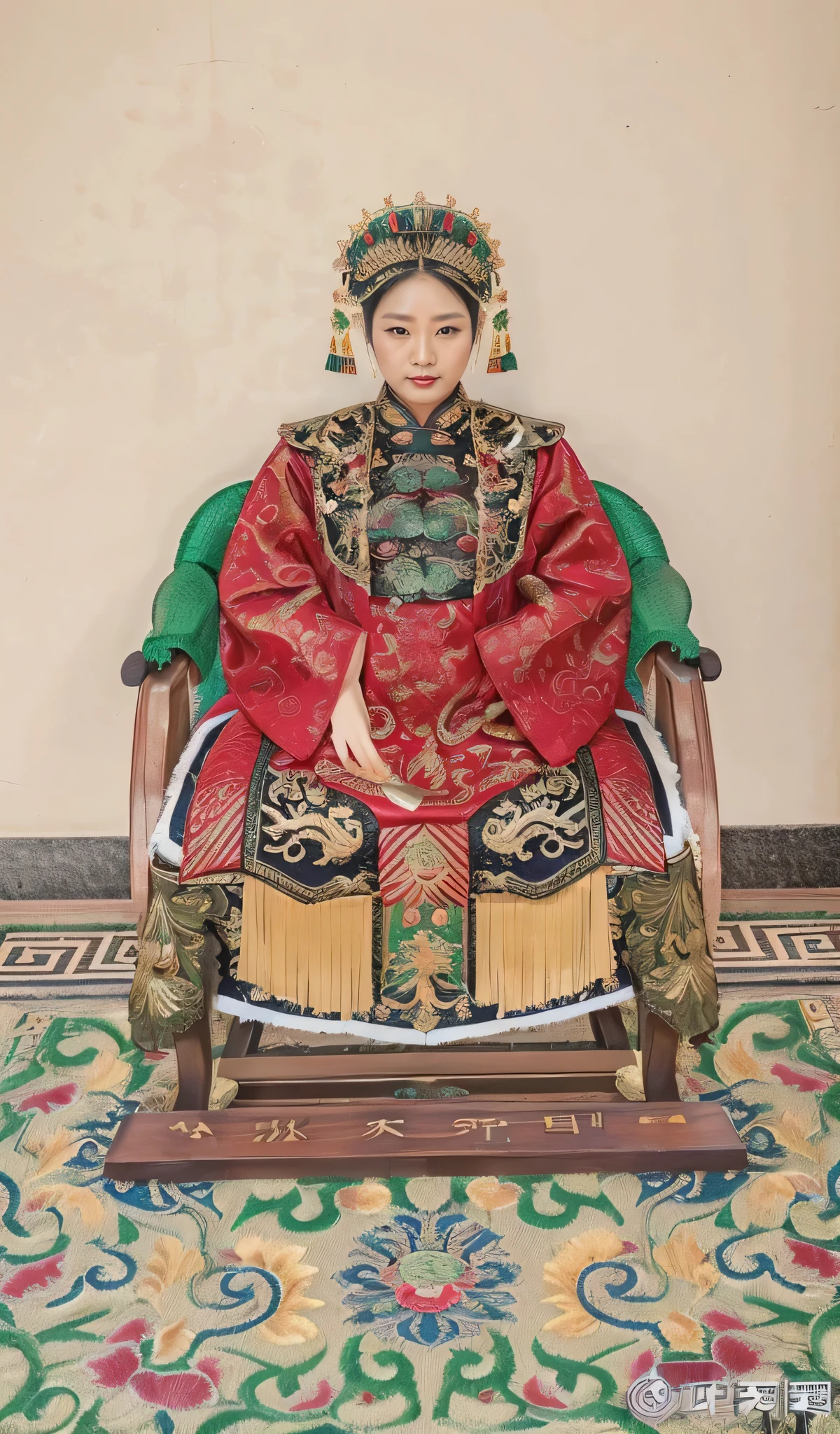 queen of china，Female general，32 years old，rough，Black silk official uniform，Golden dragon pattern embroidery clothing，Gorgeous headdress，Intricate garment details，seated on wooden chair，Realistic facial details，character photography，soft light，ambient light，Tyndall Wright