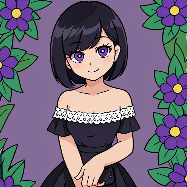 best quality, masterpiece, 1 girl, teenager, light smile, looking at viewer, black hair, short hair, bob hair, purple eyes, bare shoulders, strapless, white ruffle off-the-shoulder lace, white shirt top, all black maxi skirt, garden background, cowboy shot, daytime