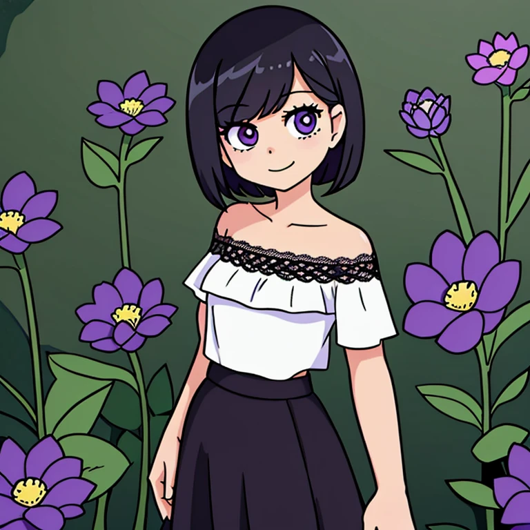 best quality, masterpiece, 1 girl, teenager, light smile, looking at viewer, black hair, short hair, bob hair, purple eyes, bare shoulders, strapless, white ruffle off-the-shoulder lace, white shirt top, all black maxi skirt, garden background, cowboy shot, daytime