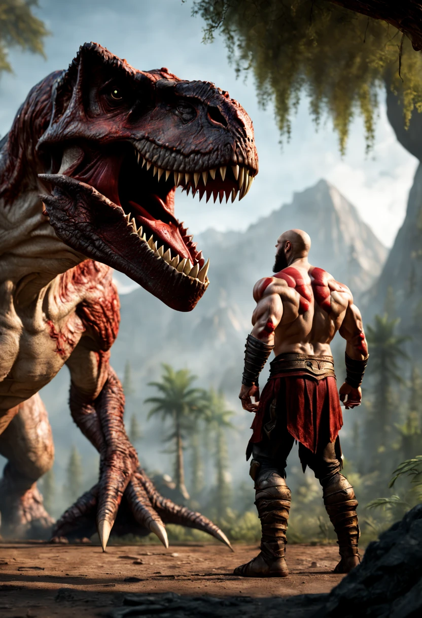 A hyperrealistic Kratos, Standing in front of a giant muscular Tyrannosaurus rex Theriantrophy ready to fight it. (BACK ANGLE), ray tracing, Bokeh