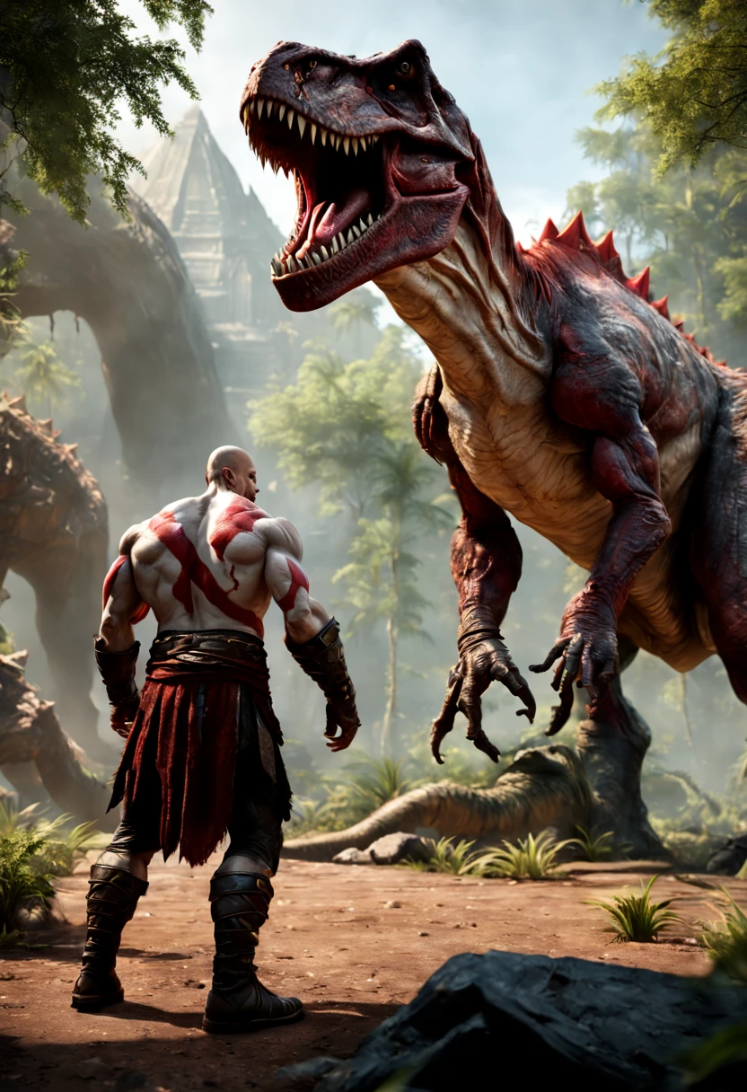 A hyperrealistic Kratos, Standing in front of a giant muscular Tyrannosaurus rex Theriantrophy ready to fight it. (BACK ANGLE), ray tracing, Bokeh