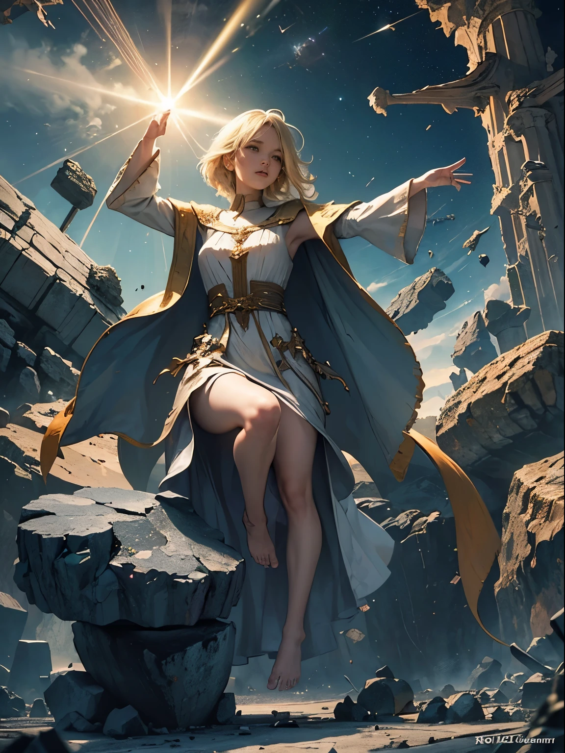 female barefoot summoner levitating with blonde hair robes and cape arms lifted up over a broken earth bright lava light from below asteroid field (jagged rocks boulders and debris shooting into the air:1.3) (windy dust debris storm:1.1) volumetric fog mist ray tracing z pass bright light from below, (masterpiece) (best quality) (detailed) (8k) (cinematic lighting) (sharp focus) (intricate)
