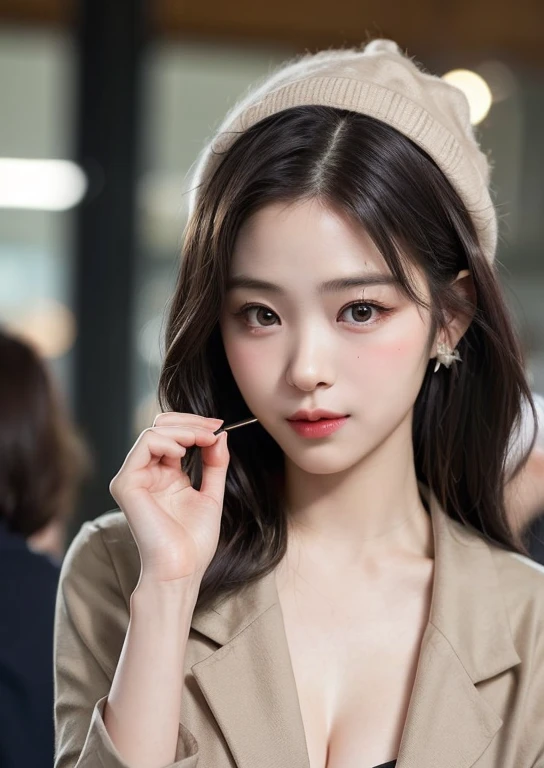 (masterpiece, highest quality、Beautiful woman full of adult charm:1.4、head tilt),1 girl, solo, black hair, scarf, hat of,, real, look at the audience, pale black eyes, short hair, cook coat, winter clothes, 白いscarf, lips, lip gloss,bangs,, closed mouth, Big eyes、eyelashes、((Only the upper body is naked))、((bangsのあるショートヘア、Big eyes、Give students very strong highlights、very big breasts、look at the viewer、very beautiful beauty、stick out ears、long neck、smile a little、Close your mouth and smile、cleavage)))、28 years old、Cute supermodels、Lie on your stomach