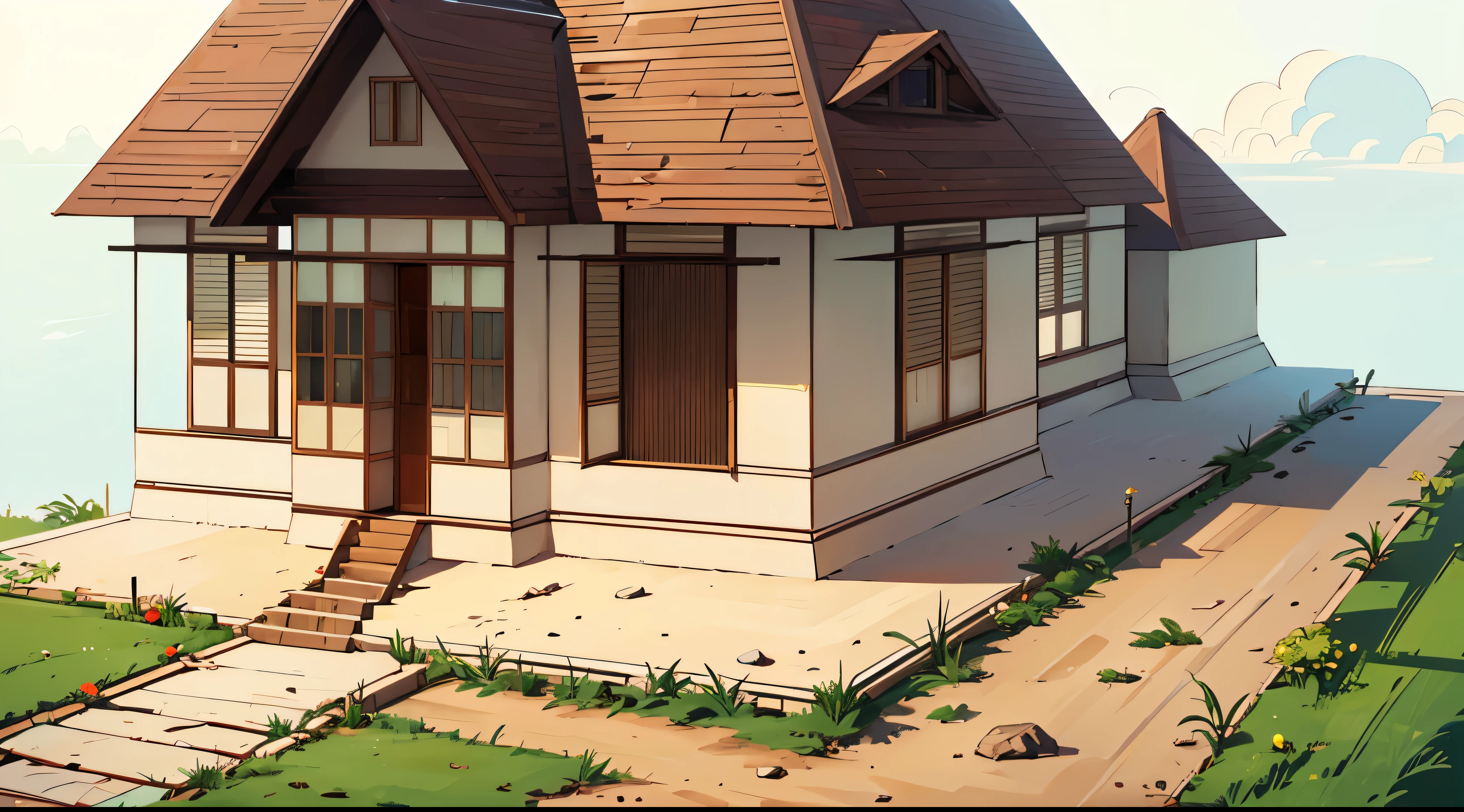 neo classical house, colonial house, white colonial house, brown roof, opened windows, closed windows, dirt ground, day time, masterpiece
