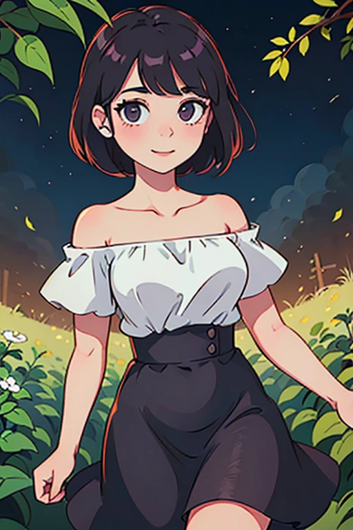 best quality, masterpiece, 1 girl, teenager, light smile, looking at viewer, black hair, short hair, bob hair, purple eyes, bare shoulders, strapless, white ruffle off-the-shoulder lace, white shirt top, all black maxi skirt, garden background, cowboy shot, daytime