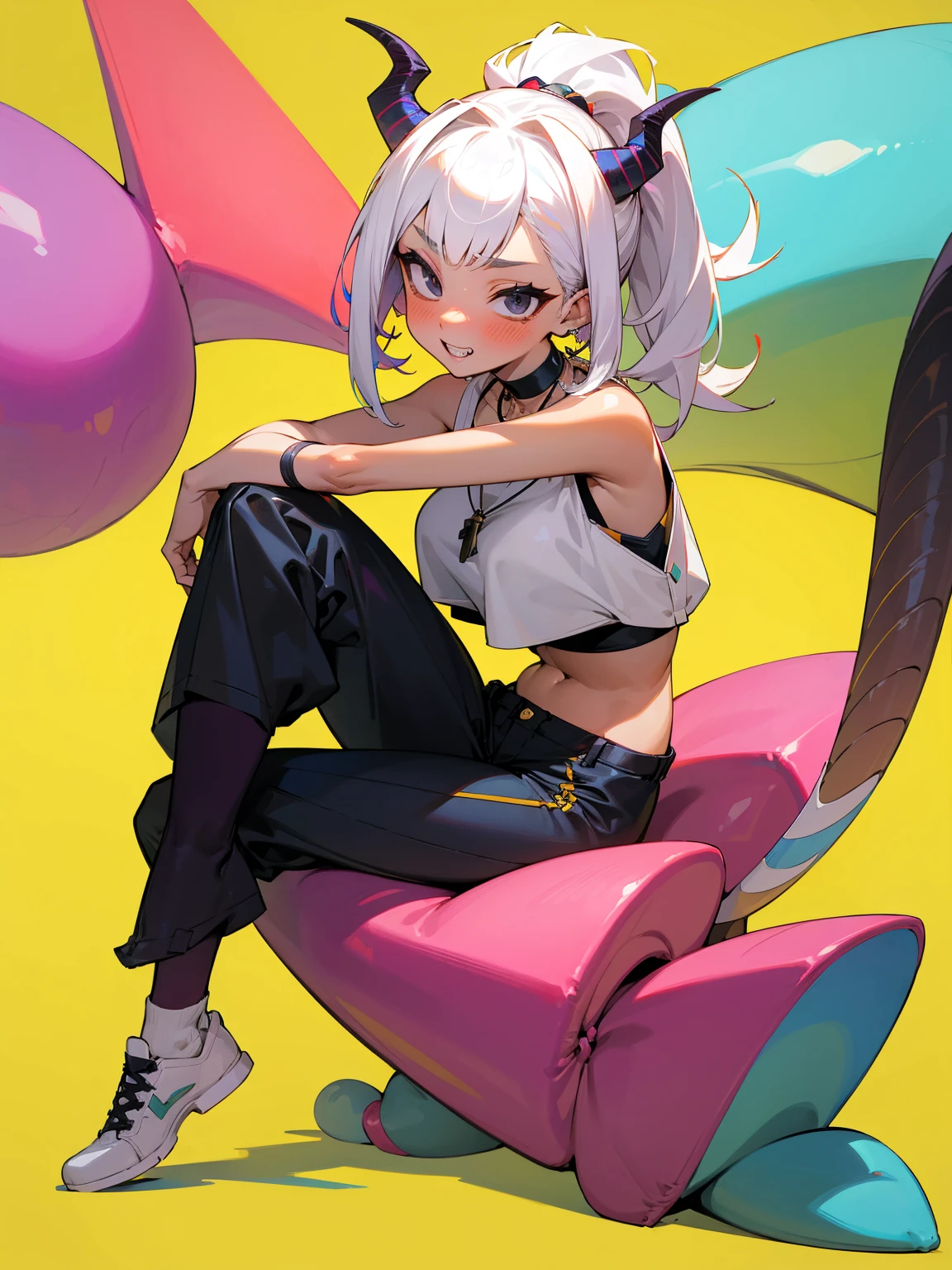 long straight dark White hair, Perfect face, Horns, Choker, earrings, Tall, ((Pubic Hair)), Pale Skin, 1 Girl, High Quality, Necklace, ((Large Monster Tail)), Medium Tits, ((Blushing)), Masterpiece, Mature, Bangs, Ponytail, Vibrant Colors, ((Cargo pants)), Pants, Pretty Eyes, Selfie, Fangs, Teeth, Navel, Black Eyes, ((Mixed Hair Color)), Frosted Hair Tips, Slightly Tanned Skin, Wide Hips, Long Crop Top, Sexy, Cute, Sitting Down, ((Knees Spread Wide)), Feet Crossed, Wide View, Full body, Colorful Background, Vibrant Background, Front View, Legs Spread,