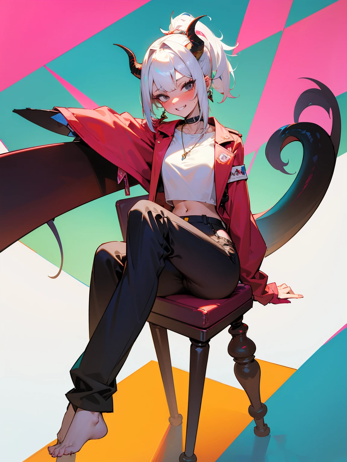 long straight dark White hair, Perfect face, Horns, Choker, earrings, Tall, ((Pubic Hair)), Pale Skin, 1 Girl, High Quality, Necklace, ((Large Monster Tail)), Medium Tits, ((Blushing)), Masterpiece, Mature, Bangs, Ponytail, Vibrant Colors, ((Cargo pants)), Pants, Pretty Eyes, Selfie, Fangs, Teeth, Navel, Black Eyes, ((Mixed Hair Color)), Frosted Hair Tips, Slightly Tanned Skin, Wide Hips, Long Crop Top, Sexy, Cute, Sitting Down, ((Knees Spread Wide)), Feet Crossed, Wide View, Full body, Colorful Background, Vibrant Background, Front View, Legs Spread,