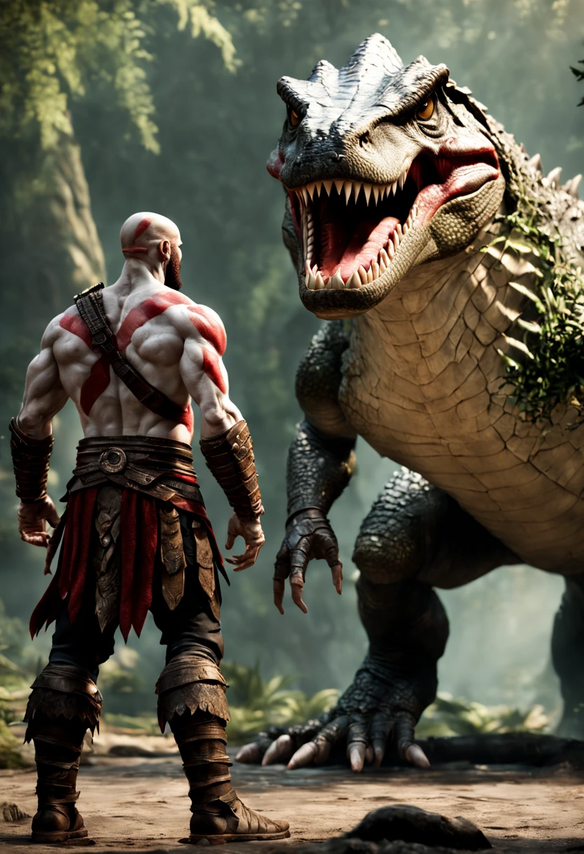 A hyperrealistic Kratos, Standing in front of a giant muscular Crocodile Theriantrophy ready to fight it. (BACK ANGLE), ray tracing, Bokeh