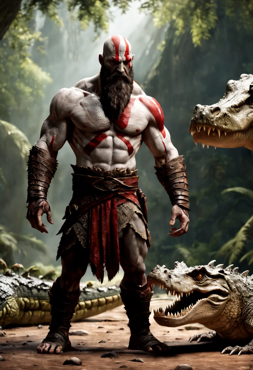 A hyperrealistic Kratos, Standing in front of a giant muscular Crocodile Theriantrophy ready to fight it. (BACK ANGLE), ray tracing, Bokeh