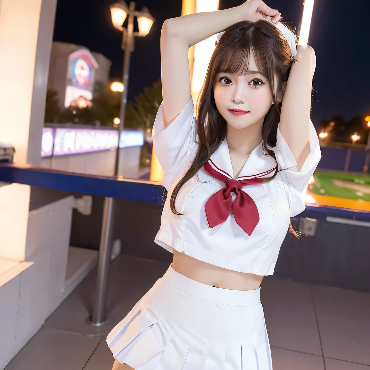 ((sailor suit)),((short sleeve uniform white shirt)),(red tie),(blue mini pleated skirt),(((skirt lift;1.8)))、I can see your belly button、短いskirt lift,pink panties、Raise one leg high to cheer、(((high kick:1.3)))、Low angle full shot、shot to the ground、from below、school classroom、1 Japanese women、Put your hands behind your head to show your armpits、(8K、highest quality、masterpiece:1.3)、golden ratio face、best smile、big and full breasts、Brown Medium Bob Curl Hair、professional writing、Stadium at night、Blurred light、Nogizaka idol type、fiery idol pose、beautiful thighs
