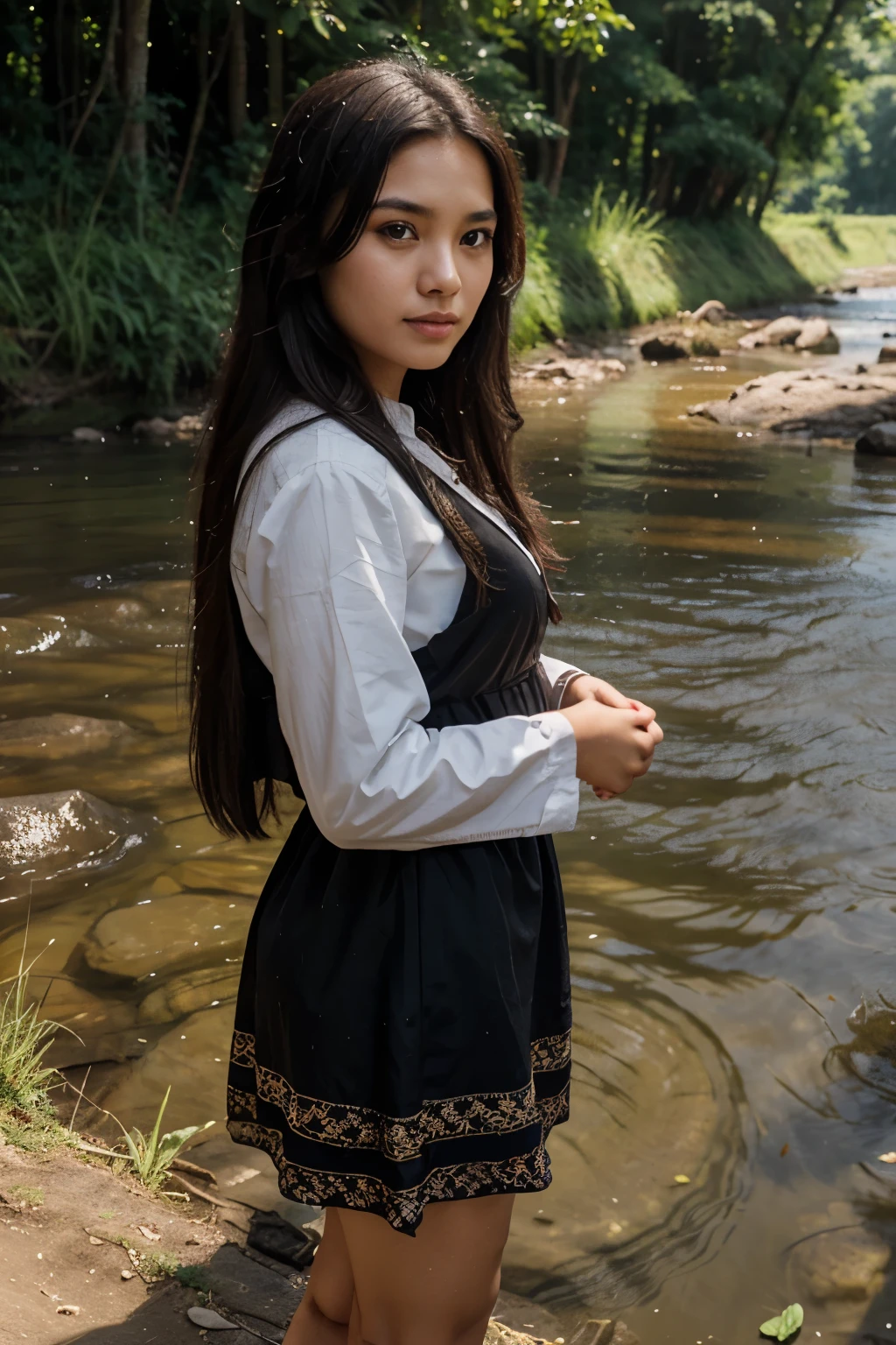 a beautiful young Malaysian woman in her early 20s, with long dark hair, wearing a typical villager's dress, standing on the banks of a river