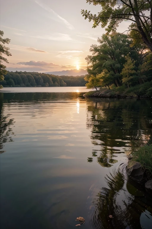 Imagine a serene scene in nature, capturing the essence of tranquility. A natural landscape that conveys peace and calm. Pay attention to realistic details, like the soft texture of tree leaves, the smoothness of waves on a tranquil lake, and the delicacy of sunset colors on the horizon. Create an image that attracts attention with its subtle and inviting beauty, making whoever sees it feel immersed in a serene and relaxing environment.