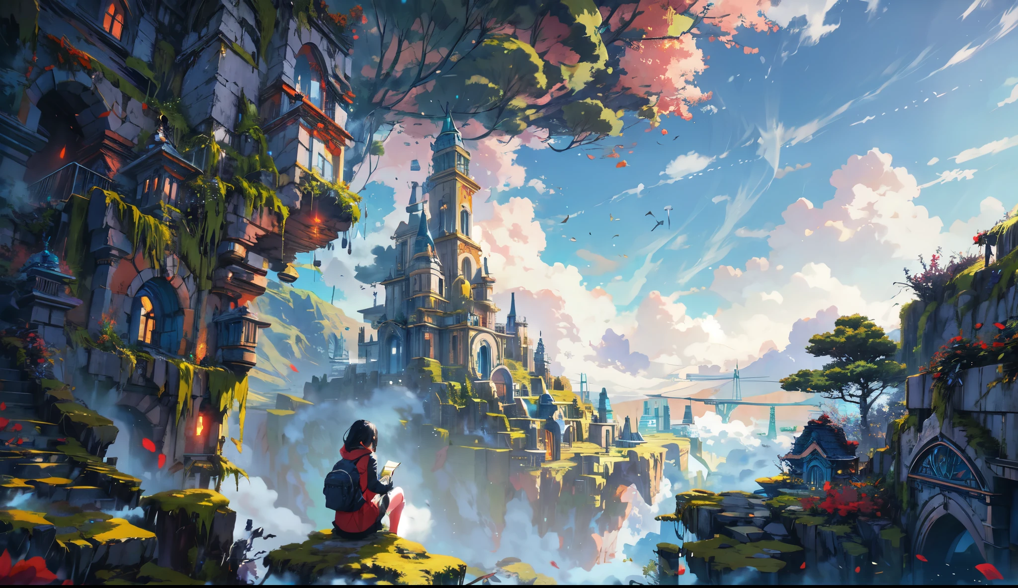 octane render,8K resolution concept art, realism,by Mappa studios,masterpiece,best quality,official art,illustration,ligne claire,(cool_color),perfect composition,absurdres, fantasy,focused,(in the air),(above the cloud:1.4),(finely detailed ancient lost_city:1.3),(lost_city towering above the clouds:1.2),epic,(focus_girl:1.2),(girl in city peak of Broken bridge), sitting on the verge of that bridge looking at the far horizons,rule of thirds,anime_face,fine-tuning face, detailed eyes,cute face,black hair, finely detailed fantasy traveler clothes,calm expression ,overhead_viewer,wind blow at viewer,fantastic plant,book,(Giant World Tree),motion,(depth_of_field), extension image,