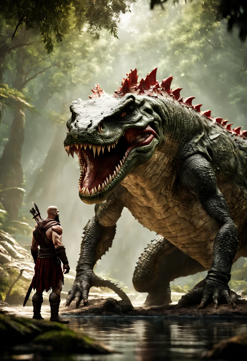 A hyperrealistic Kratos, Standing in front of a giant muscular Crocodile Theriantrophy ready to fight it. (BACK ANGLE), ray tracing, Bokeh