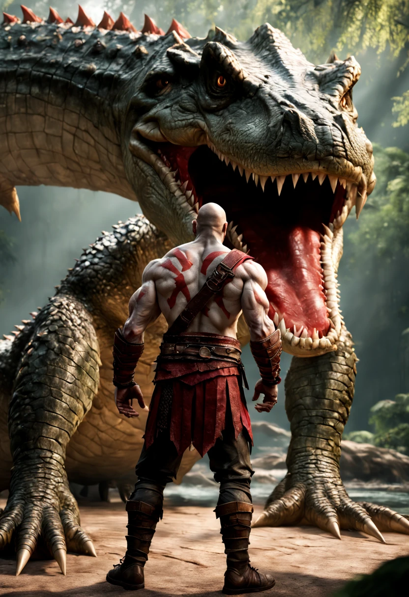 A hyperrealistic Kratos, Standing in front of a giant muscular Crocodile Theriantrophy ready to fight it. (BACK ANGLE), ray tracing, Bokeh