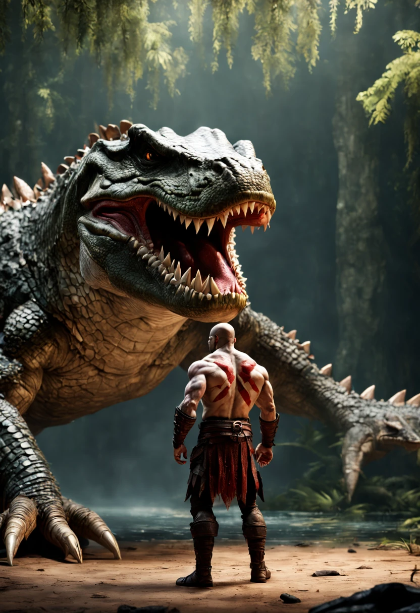 A hyperrealistic Kratos, Standing in front of a giant muscular Crocodile Theriantrophy ready to fight it. (BACK ANGLE), ray tracing, Bokeh
