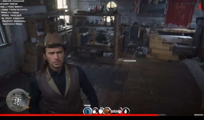 A Wild West gunslinger with brown long hair that hangs down his shoulders his hat was worn with a gunshot in it, he wore a brown vest with a blue undershirt, 
