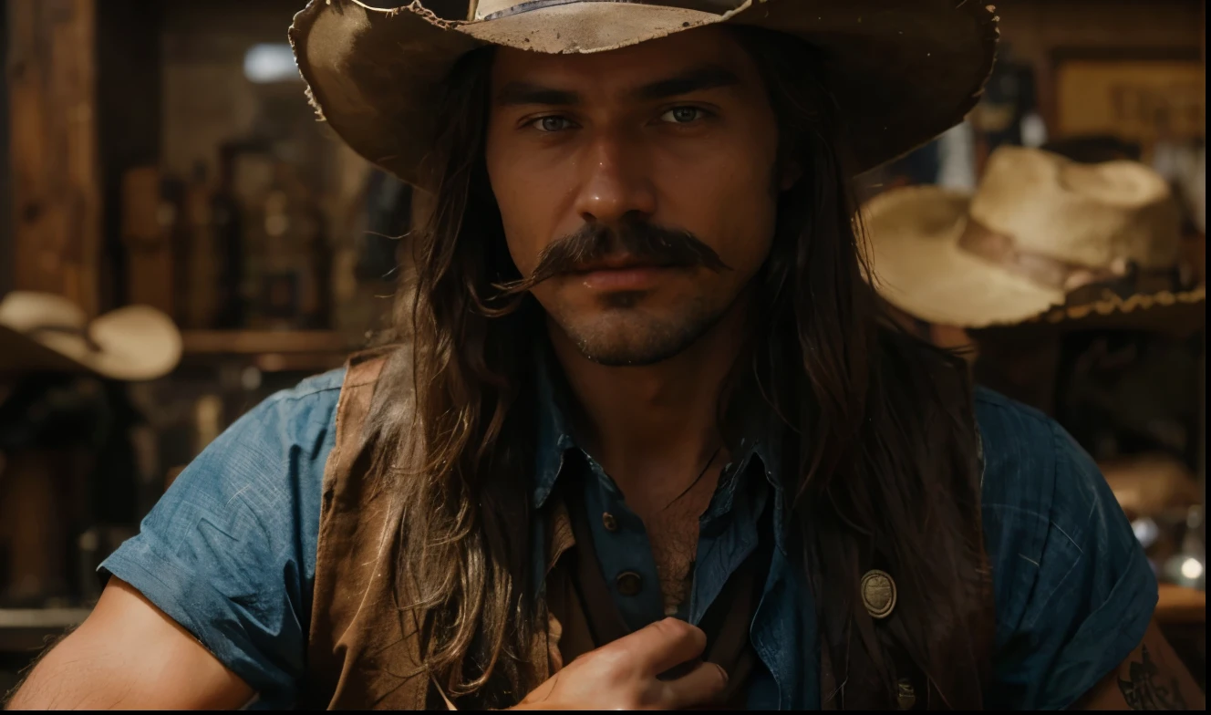 A Wild West gunslinger with brown long hair that hangs down his shoulders his hat was worn with a gunshot in it, he wore a brown vest with a blue undershirt, he had a handle bar mustache