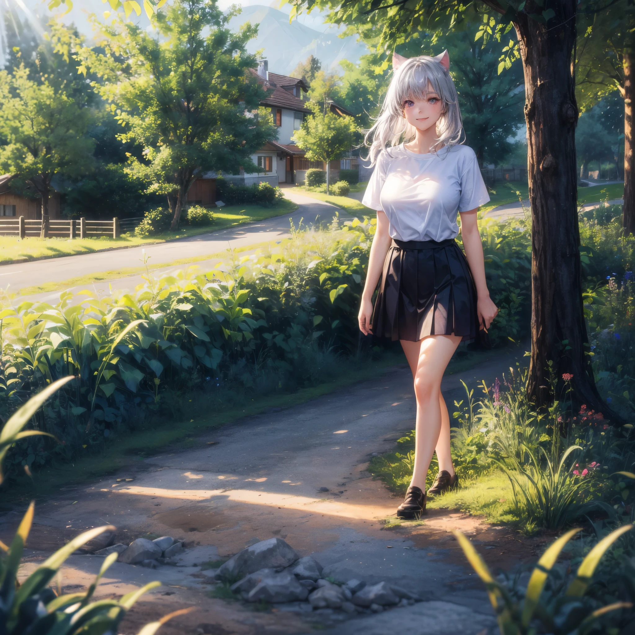 1 female，young，silver hair，Smile，Pink eye，long hair，Bangs，Cat ear，Big breasts，White T-shirt，black skirt，Switzerland，number，shrub，country，walking on dirt road，Low pile of rocks on the roadside，wooden house，lawn，summer，daytime，individual，Sunlight exposure，cinematic lighting, ray tracing, reflection light, glowing light, backlighting, god rays, UHD, masterpiece, super detail, high details, high quality, best quality, highres, 8k