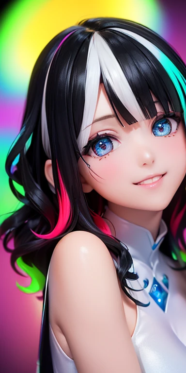 (black hair,colorful fluorescence multicolored  hair:1.5,wavy hair:1.5), (masterpiece, sidelights, exquisite beautiful eyes: 1.5), masterpiece*portrait, realistic, ((Colorful background of different colors:1.5)),(Gentle face:1.5),colorful,3D face,(cute face),front view: 1.6、 (glowing red eyes:1.2),(tareme:1.5)、(cute smile:1.5),,Slim Body, shiny hair, shiny skin: 1.5、medium breasts,、solo,(stand)、(ショートドレス:1.5)、(charactor focus:1.5、portlate、eye focus,cowboy shot)、bright atmosphere,intricatedetails