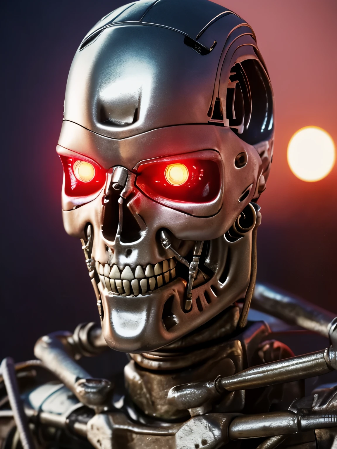 (RAW photo, real life, absurdres, high quality, photorealistic, detailed, realistic:1.3), (solo:1.3), (closeup head shot:1.3), ((dynamic pose)), a high resolution photo of a T800Endoskeleton robot with glowing red eyes and metal skull face an chrome metal body, post apocalypse battlefield background, cinematic, atmospheric, 8k, realistic lighting, shot by Hassleblad H6D, Zeiss, Kodachrome, nikon, 50mm 1.2 lens, Octane Render, ultra realistic, realistic lighting, photorealistic, photorealism, photoreal, unreal engine 5, Adobe After FX, highly detailed, intricate detail