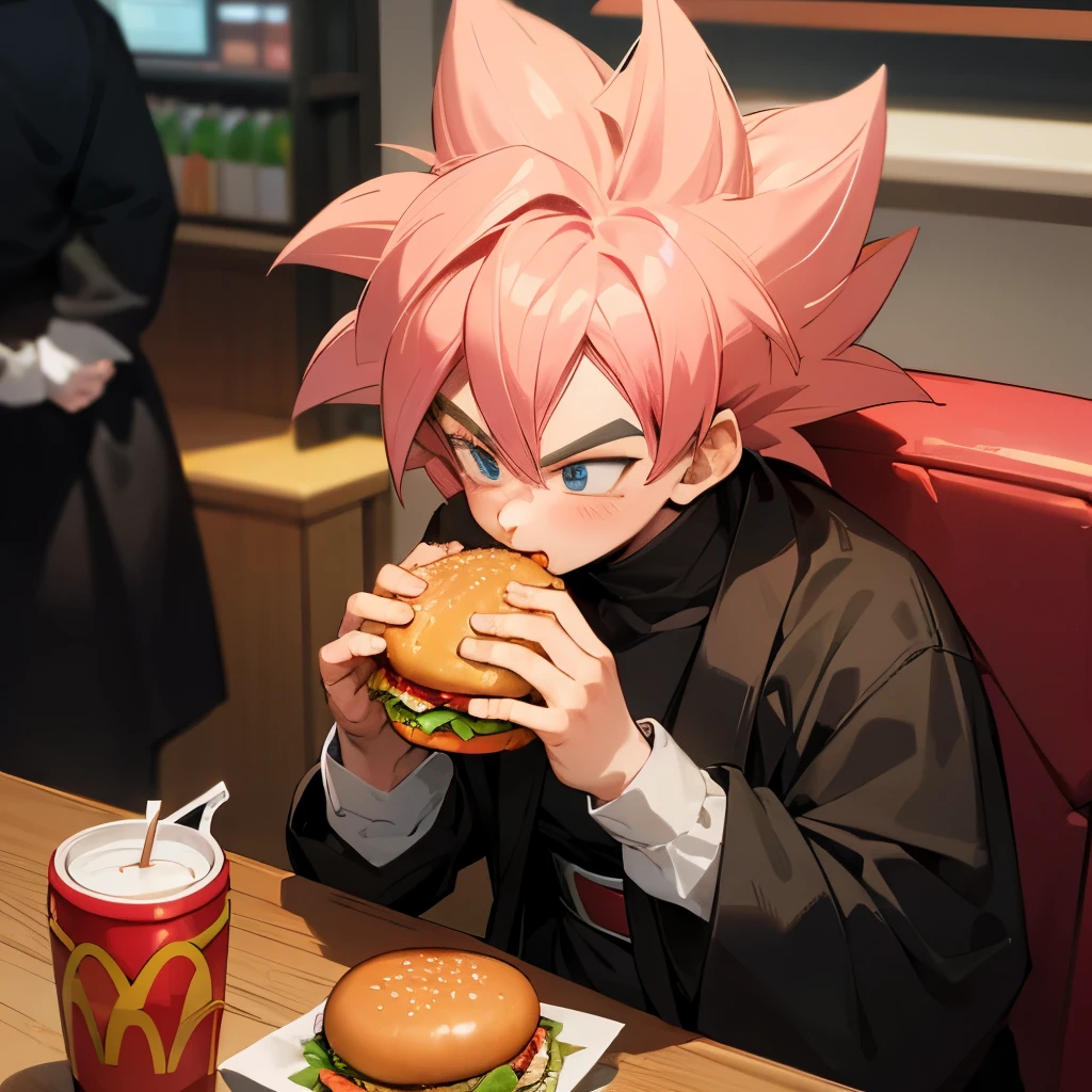 Dragon ball super, goku black, super saiyan rose, pink hair, at McDonald's, eating a big mac burger, black clothes, black gi, man, lots of empty food boxes