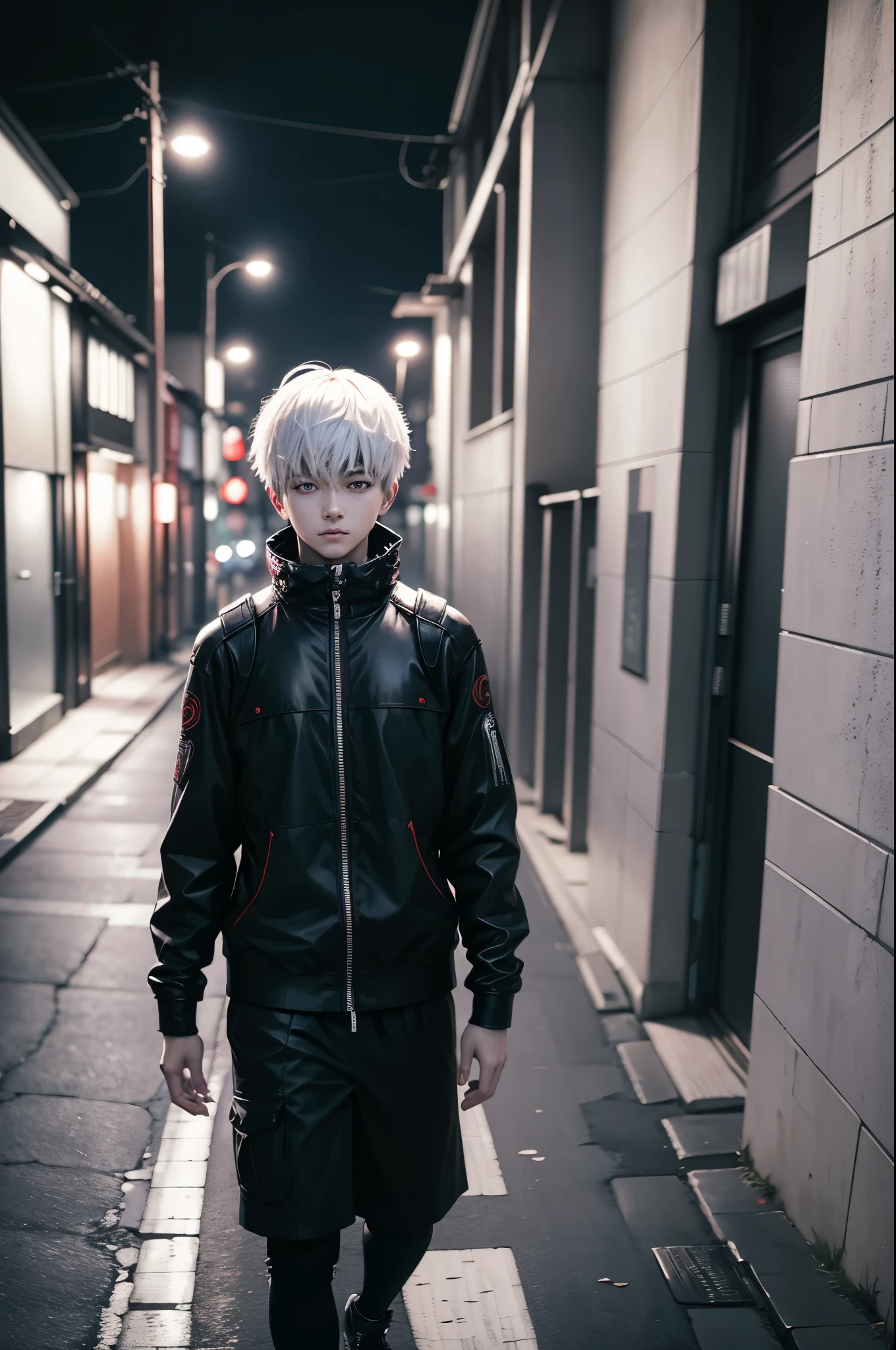 Kaneki Ken, con su cabello blanco, con un parche en su ojo izquierdo, caminando por la ciudad de Tokio, Super realistic photography, obra maestra, la mejor calidad, full HD, 8k