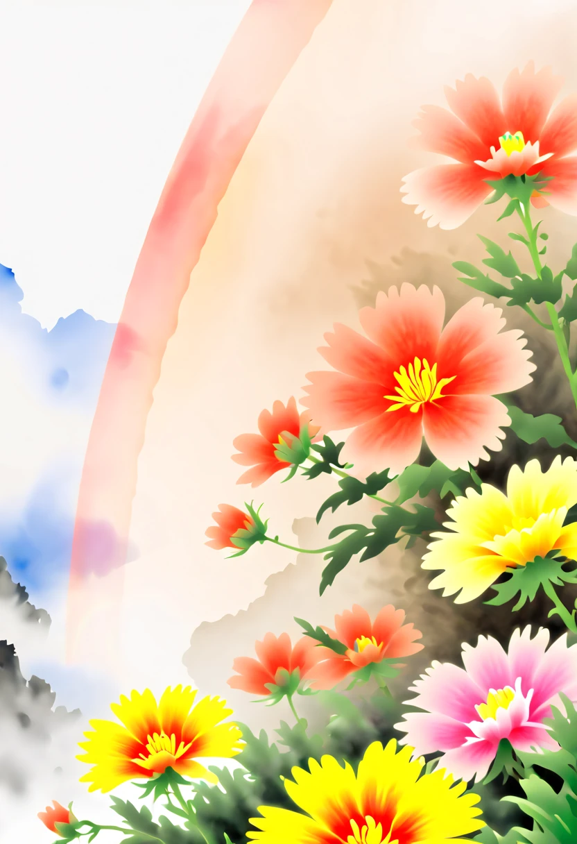 (close_up of flowers with rainbow color:1.4), Chinese wuxia, watercolor painting, Chinese Pavilion, (best quality, masterpiece, 8k)