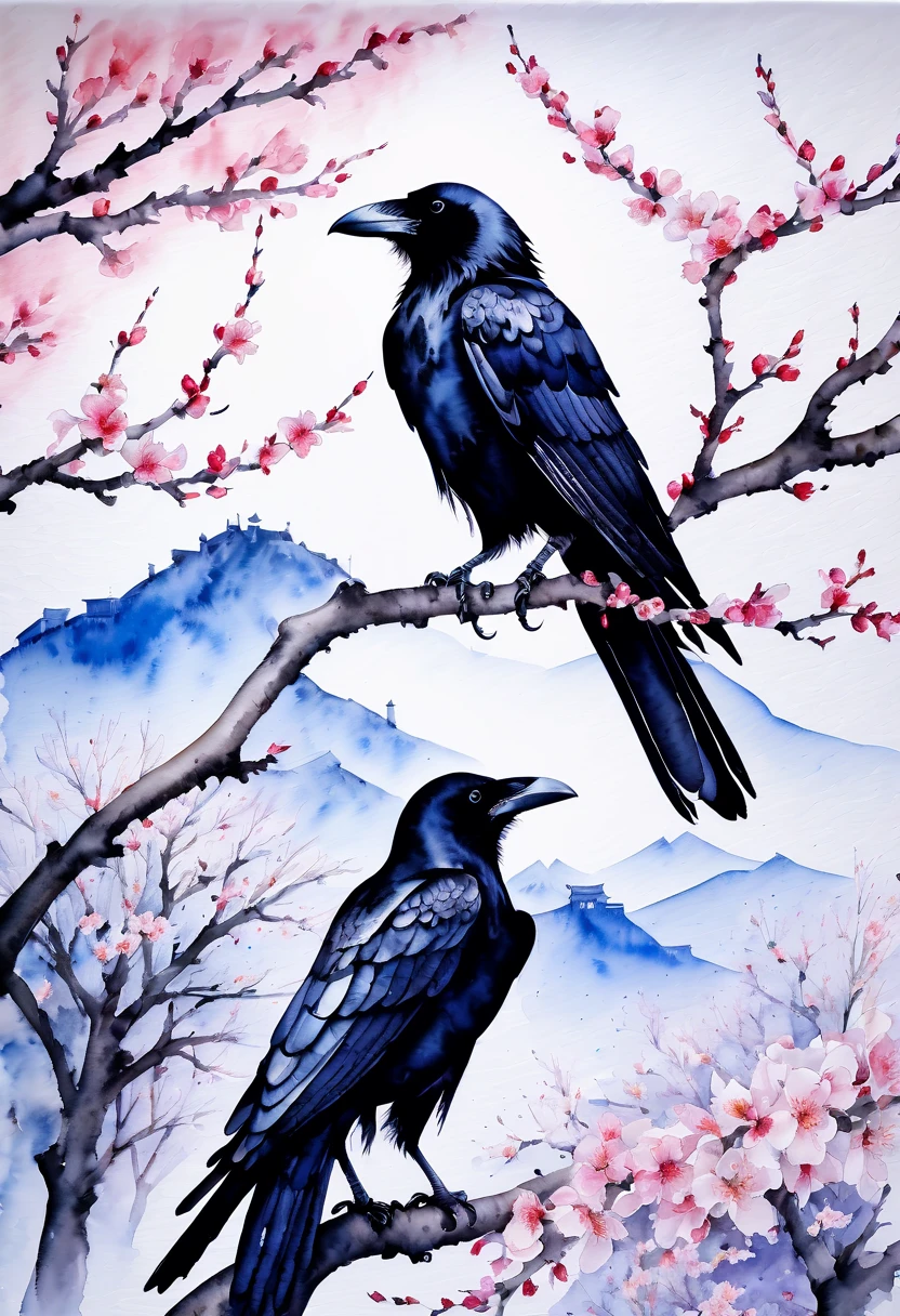 stunning watercolor of views on life and death masterpiece, center position is crow, cherry blossom tree, capturing the essence of both strength and beauty, aesthetics of death, visually striking watercolor rendering, bold dynamic to delicate intricate, white and black contrast, cinematic angle, best quality,
