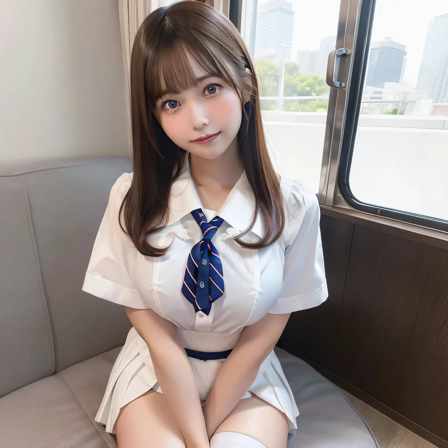 highest quality,Super detailed,masterpiece,realistic,Photoreal,bright lighting,1 girl, very beautiful 17 year old girl, (cute:1.2),Thin smile, (brown eyes),(brown hair),(bangs),perfect shiny skin,perfect skin,((erotic,sexy and sexually explicit)),((Accurate needle with no discomfort)), big and full breasts,big breasts thin waist, look at the audience,((sailor suit)),((short sleeve uniform white shirt)),(red tie),(blue mini pleated skirt),(((スカートをlift it yourself))),(lift it yourself),(show panties),panties on,panties focus,((get up,spreads over the entire leg)), socks, (black knee socks),(smile), daytime,in the train,Horizontal seat with your back to the window、Nogizaka、Black detailed eyes