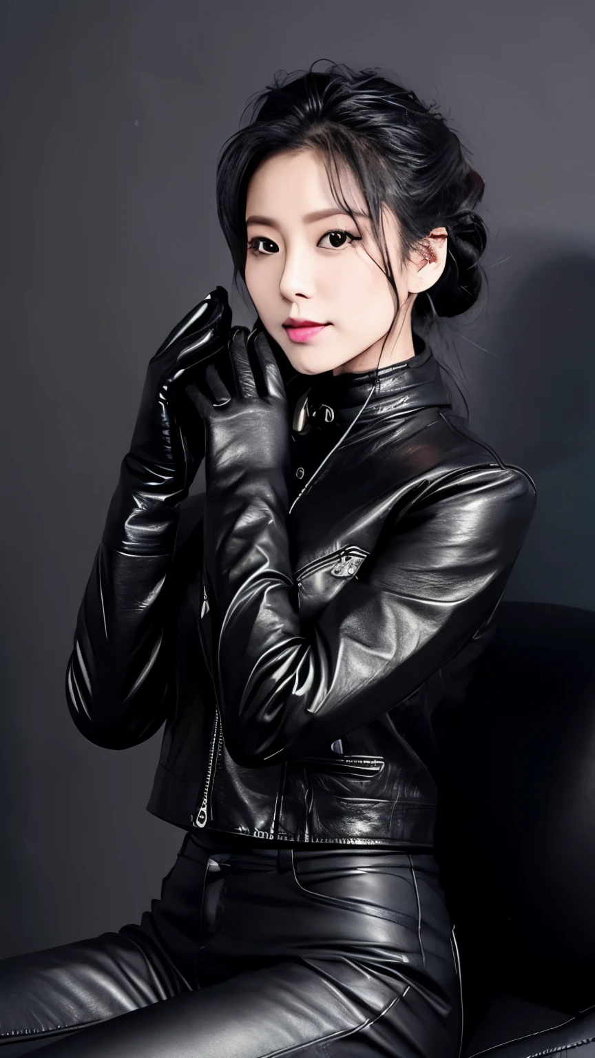 Black leather riders jacket, Office in the Dark, Black leather glove fingertips on both hands,Wearing black leather gloves,Sitting in a black leather chair、 Japan Female New Employees (Black leather gloves cover both hands) (The angle is sideways)、Black Leather Leather Pants,Black Leather Black Leather Pants,Black Leather Skinny Pants、Long black leather boots on both feet、Black Hair Ponytail ((He wears black leather gloves on his hands))full body photo,Full Body Shot Full Body Full Body Leather Suit,☺If you turn in this direction。Wearing black leather gloves,Wearing black leather gloves,Wearing black leather gloves,Wearing black leather gloves,Wearing black leather gloves,Wearing black leather gloves,黒のレザーパンツが美しい😍黒のレザーパンツが美しい😍黒のレザーパンツが美しい,😍I'm smiling while looking at you,full body photo,full body photo,Full body leather wear
