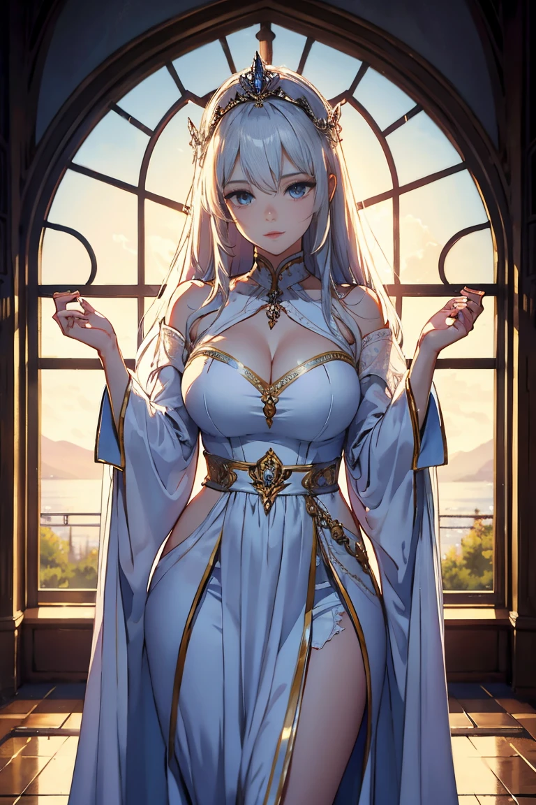 (best quality, 4k, 8k, high resolution, masterpiece: 1.2), ultra-detailed, hauntingly beautiful, powerful, mystical, majestic, mysterious, enchanting, elegant, seductive, beauty, attractive, long white dress, floating, shining, robes fluttering, delicate and detailed features, piercing eyes, radiant skin, on a bed, a shining tower, vast wuarto, divine beauty, solemn atmosphere, face portrait