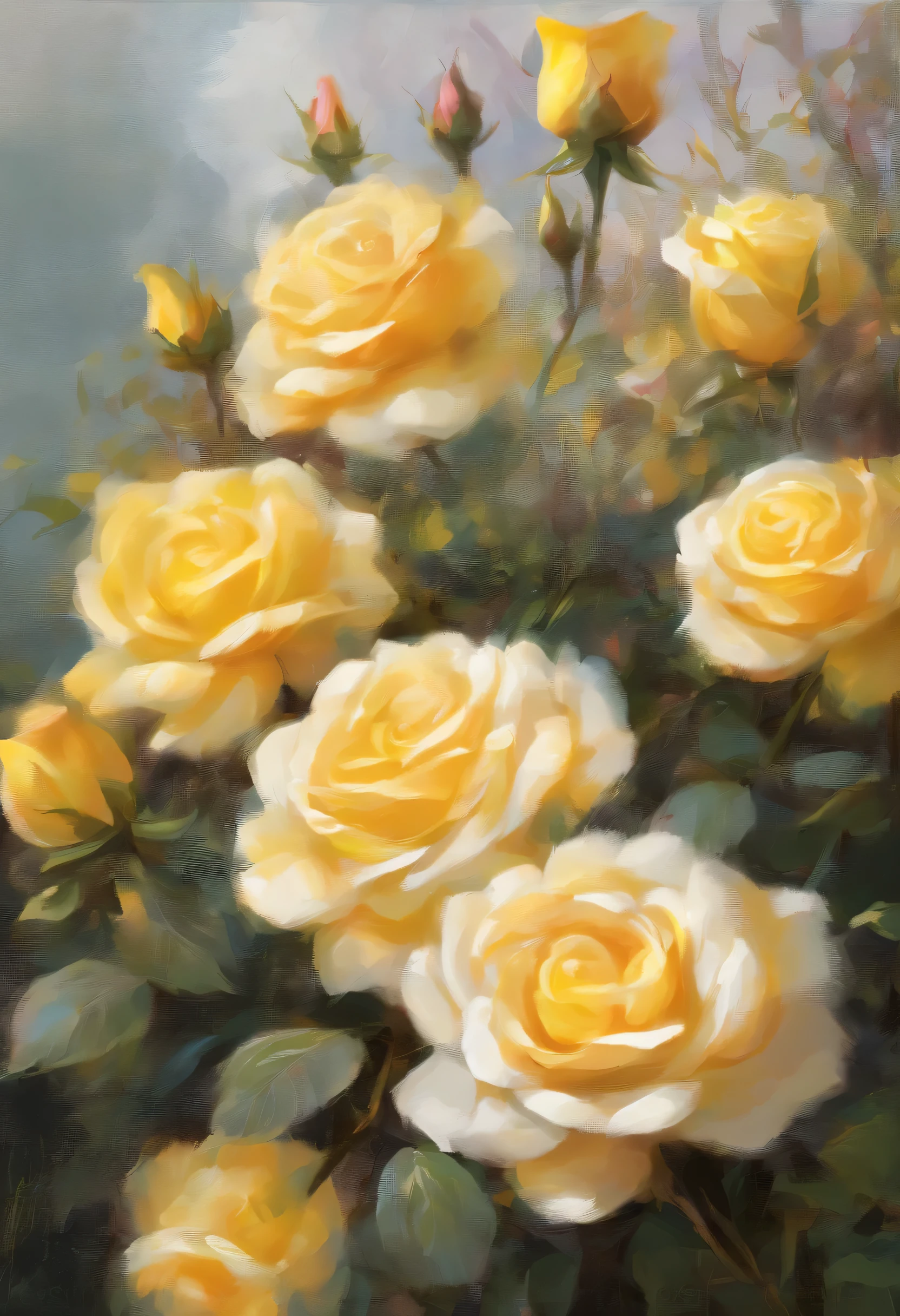 an oil painting with rose flowers and yellow white and in the background some greens