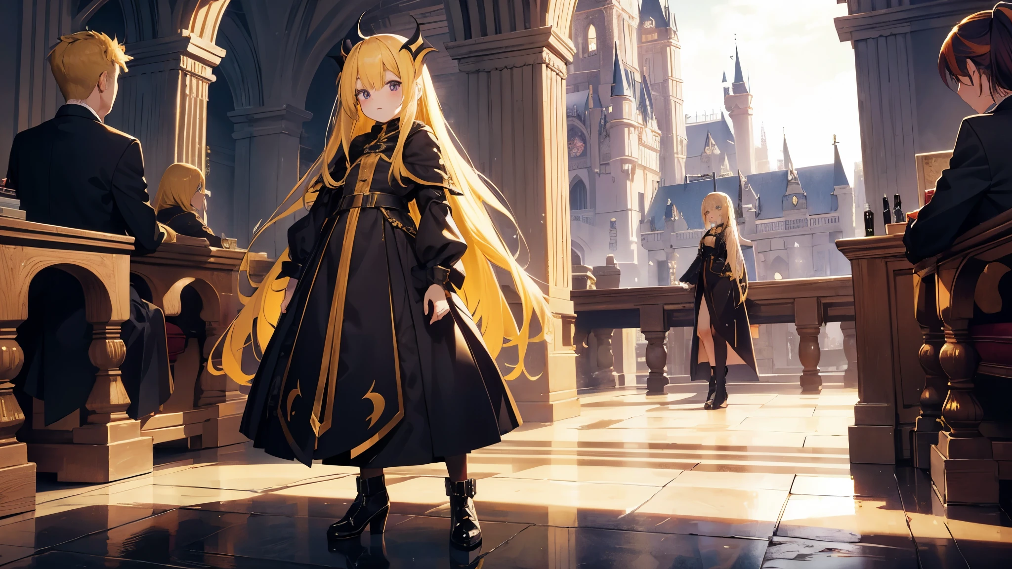 full body, yellow hair, female, castle scene, height 1 meter 40, vampire, so cute,