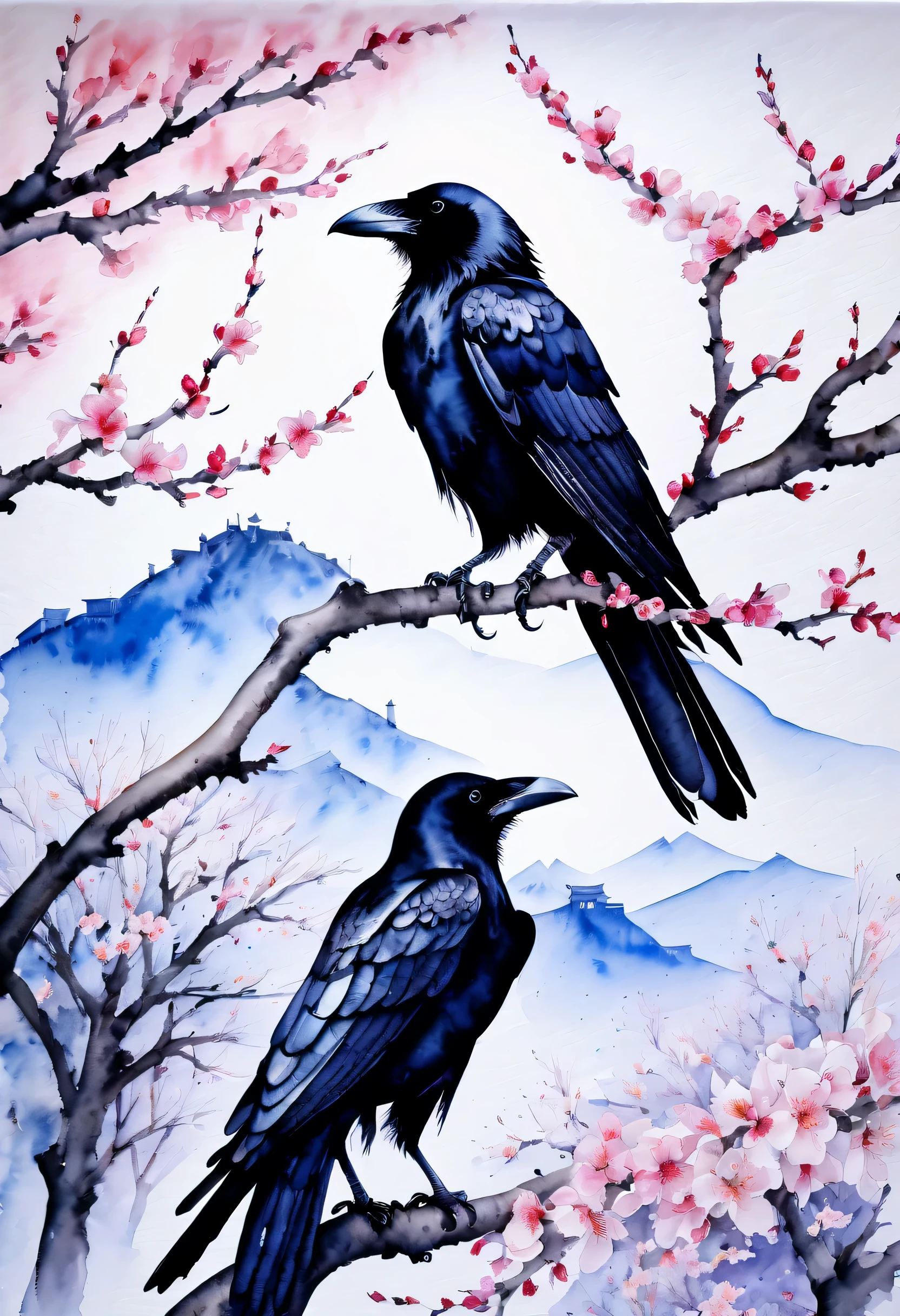 stunning watercolor of views on life and death masterpiece, center position is crow, cherry blossom tree, capturing the essence of both strength and beauty, aesthetics of death, visually striking watercolor rendering, bold dynamic to delicate intricate, white and black contrast, cinematic angle, best quality,