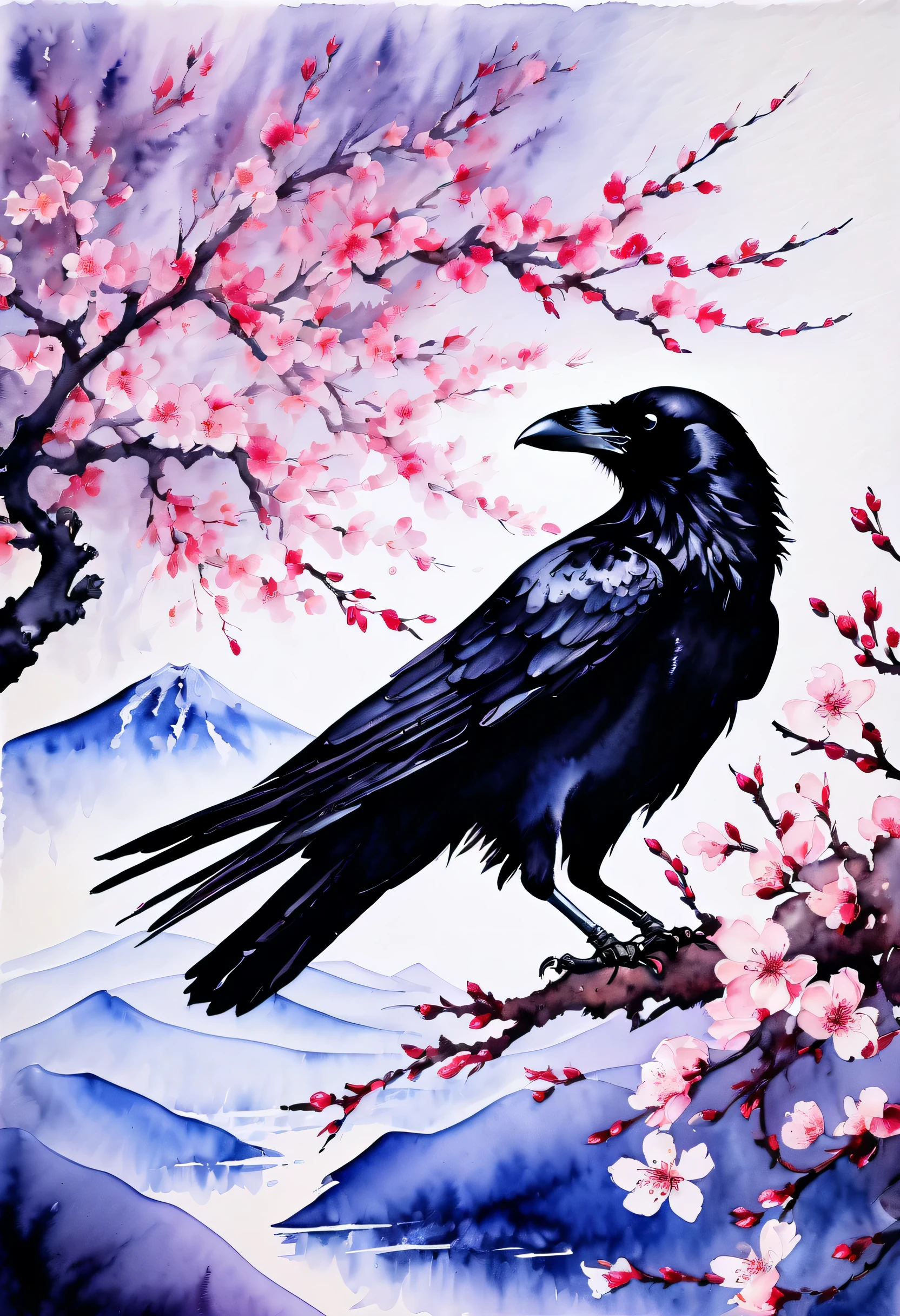 stunning watercolor of views on life and death masterpiece, center position is crow, cherry blossom tree, under position is black-color-rose, capturing the essence of both strength and beauty, aesthetics of death, visually striking watercolor rendering, bold dynamic to delicate intricate, white and black contrast, cinematic angle, best quality,
