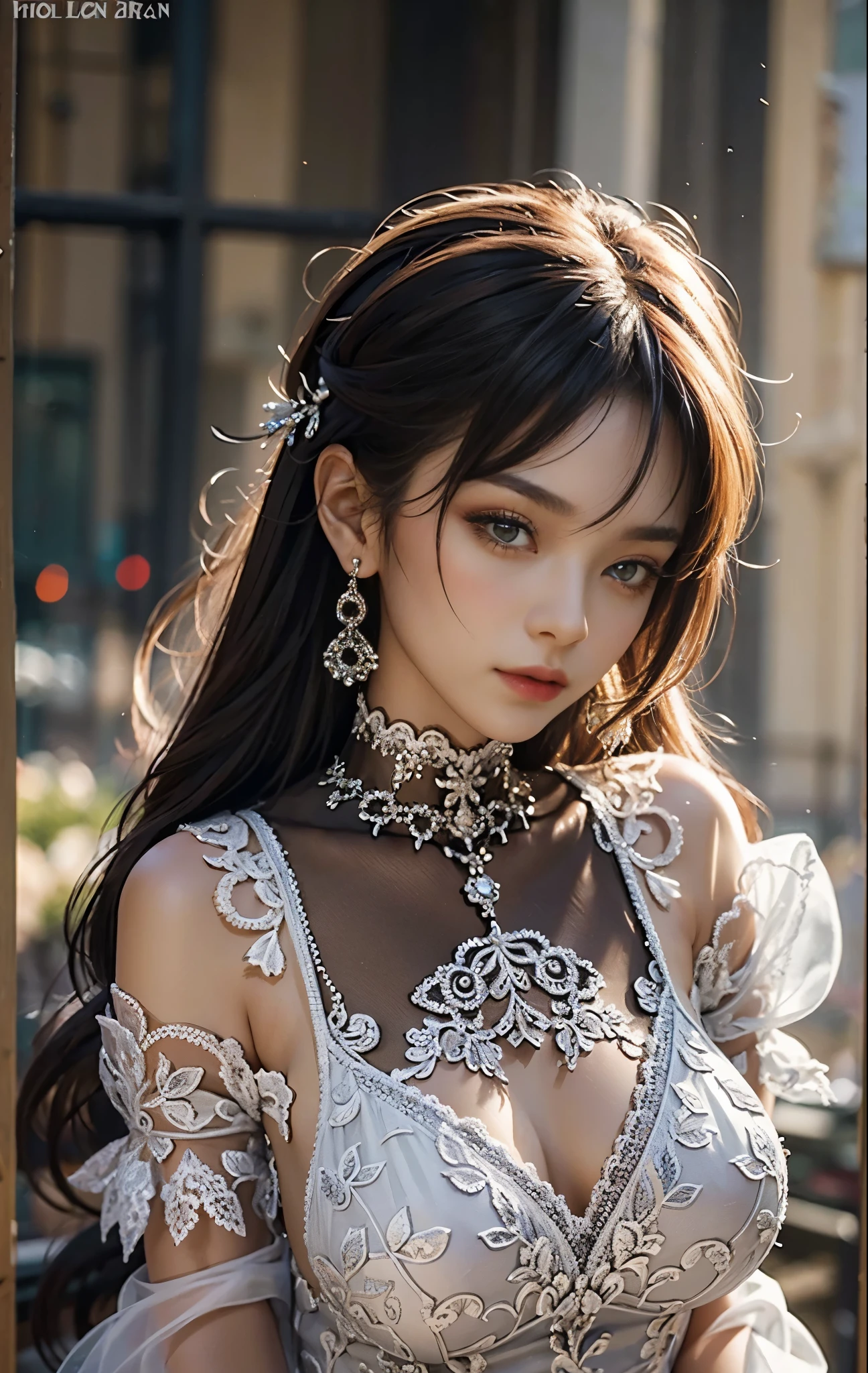 (Pure color: 0.9), (color: 1.1), (masterpiece: 1,2), highest quality, masterpiece, High resolution, original, highly detailed wallpaper, beauty, Lace dress, very big breasts, Sepia color, 30 years old, accurate body structure, upper arm, five fingers, toned and muscular body, Glossy skin,