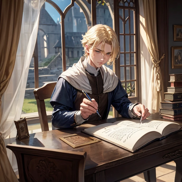 A writer from the Middle Ages thinks about his new work and writes notes with a pen. He has blond hair and his window looks like the Middle Ages