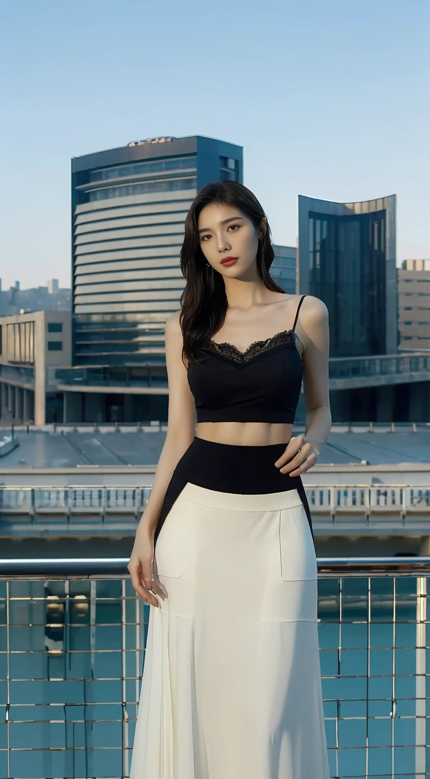 (best quality, high resolution, masterpiece :1.3), a tall and beautiful woman, slim abs, Dark brown hair styled in loose waves, big breasts, black bra, Black see-through skirt, (Modern architectural background), Detailed rendering of facial and skin textures, delicate eyes, double eyelids