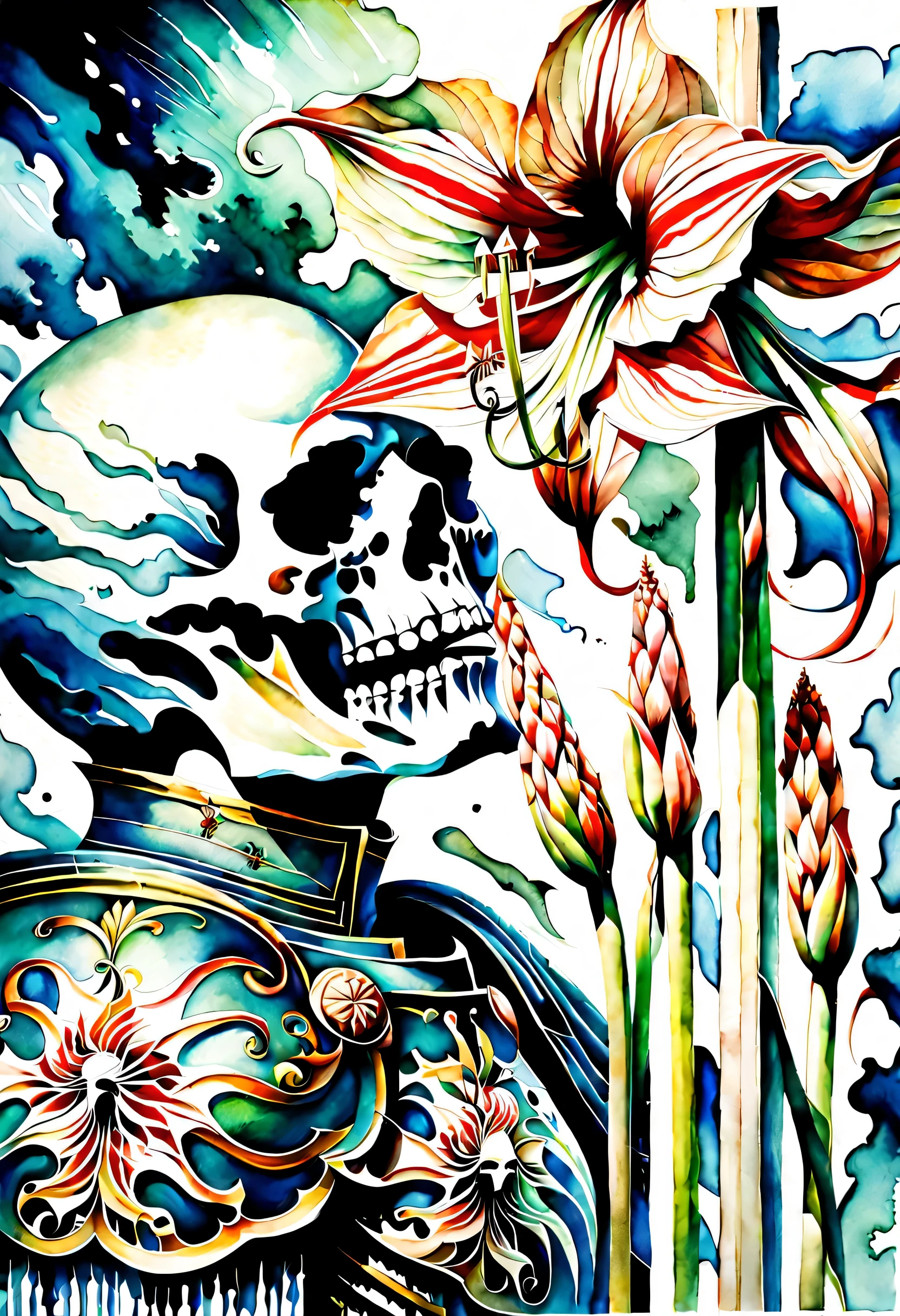 stunning watercolor masterpiece, dignified face prepared for death, featuring a collaboration between a temple-knight and a cluster amaryllis, capturing the essence of both strength and beauty, aesthetics of death, visually striking watercolor rendering, bold dynamic to delicate intricate, surreal portraits, cinematic angle, best quality,